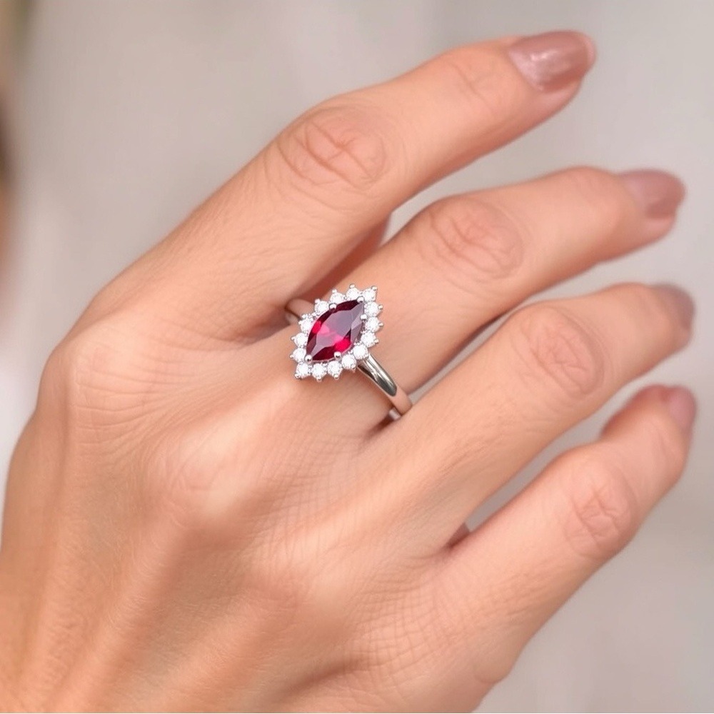 Stunning Austrian Crystal Marquise Cut Ruby & Diamond color Ring, Size 6.25